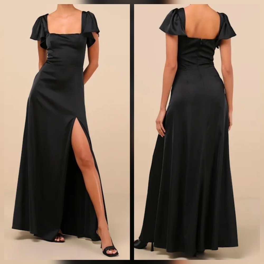 Lulus M Ultimate Sweetness Black Satin Flutter Sleeve Maxi Dress, Size Medium
